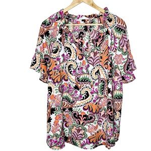 Cynthia Rowley Paisley Print Top Womens 3X Short Sleeve Ruffled Boho